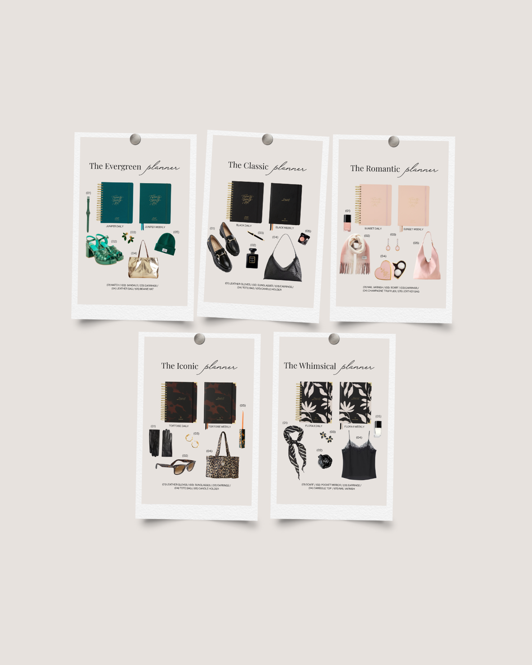 Collection of five 2026 planner Christmas gift guides featuring curated stationery gifts, planner accessories, and festive present ideas for Juniper, Sunset, Black, Flora II, and Tortoise planners. Complete Christmas gift list for stationery lovers.