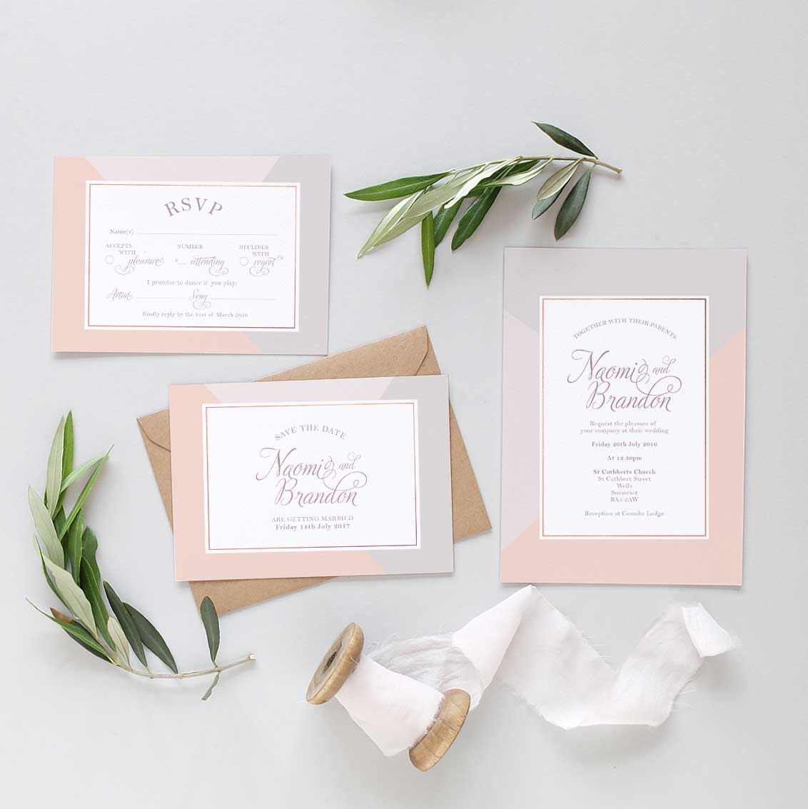 dove grey and pink invite