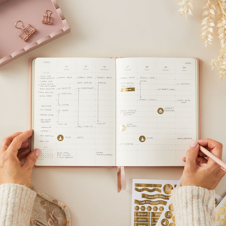 2025 planner with a soft pink vegan leather cover and gold details, offering weekly time-blocking with equal space for each day, to-do lists, and space for notes.