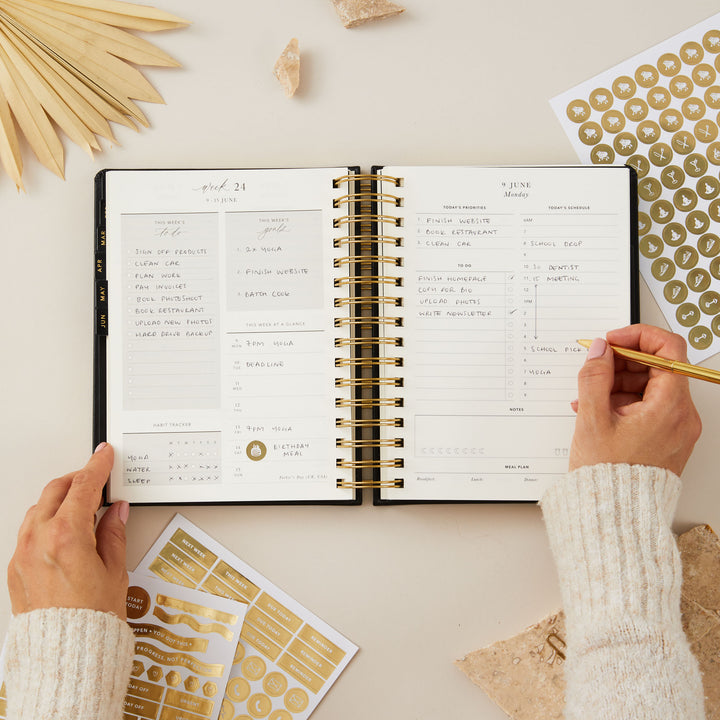 2025 daily planner with a weekly overview and daily time-blocking sections for structured and efficient planning.