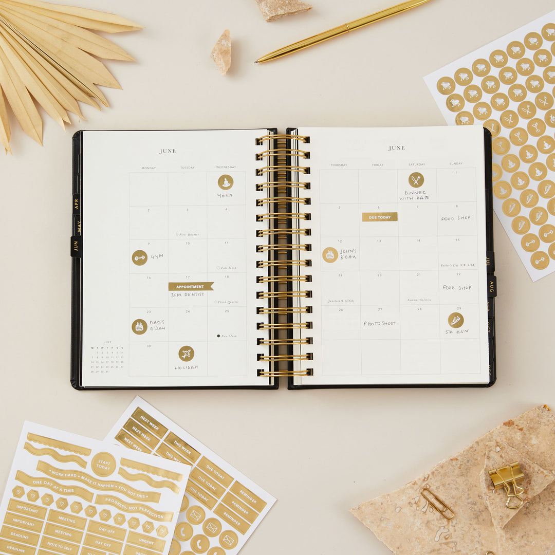 2025 daily planner diary featuring a monthly overview and a set of stickers for personalised and organised planning.