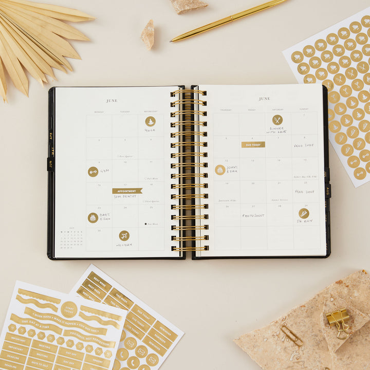 2025 daily planner diary featuring a monthly overview and a set of stickers for personalised and organised planning.