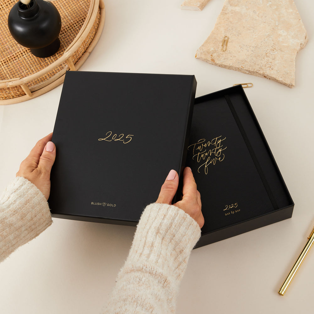 Elegant 2025 daily diary in a beautiful gift box, perfect present idea for staying organised in style.