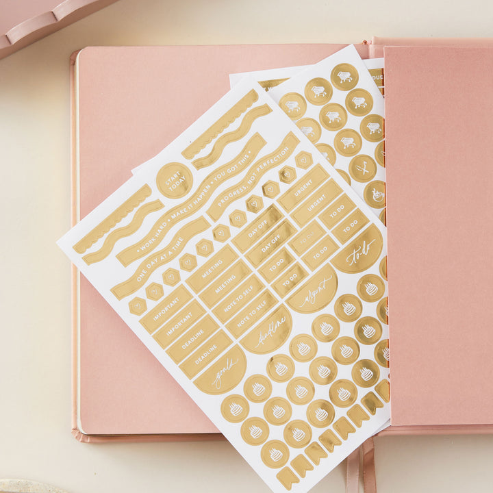 2025 planner in soft pink vegan leather with gold details, offering equal space for time-blocking, to-do lists, and sections for notes, monthly goals, and budgeting.