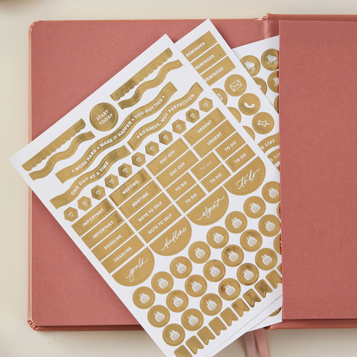 2025 planner with a clay vegan leather cover and gold details, offering weekly time-blocking, to-do lists, space for notes, and pages for tracking monthly goals and budgets.