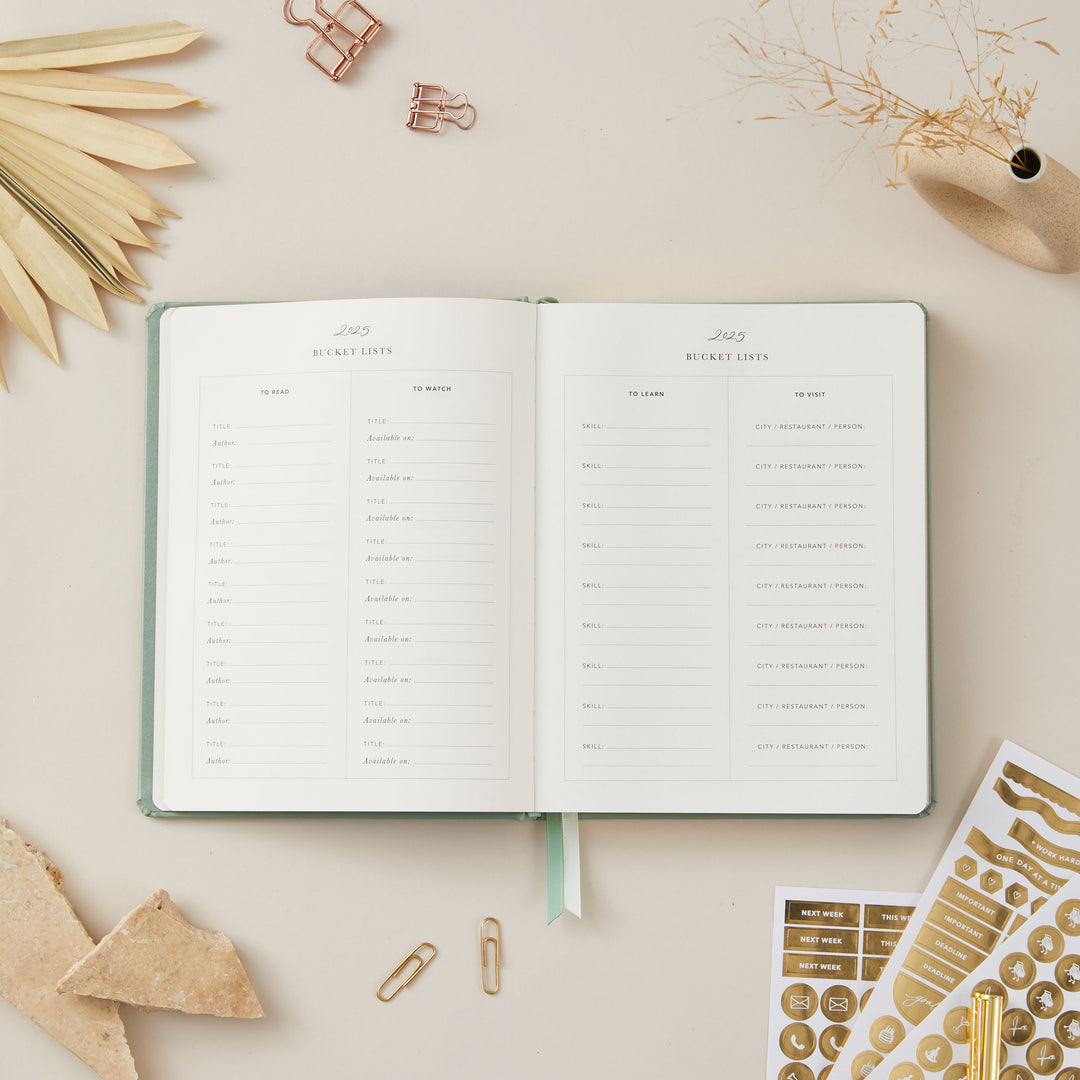 Chic sage green vegan leather 2025 weekly planner with gold details, featuring time-blocking layouts, to-do lists, and monthly goal and budget tracking sections.