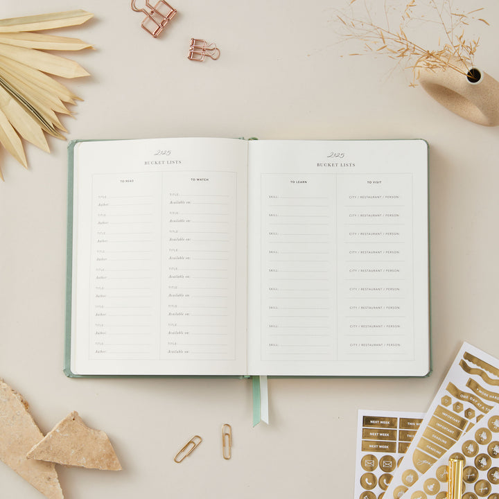 Chic sage green vegan leather 2025 weekly planner with gold details, featuring time-blocking layouts, to-do lists, and monthly goal and budget tracking sections.
