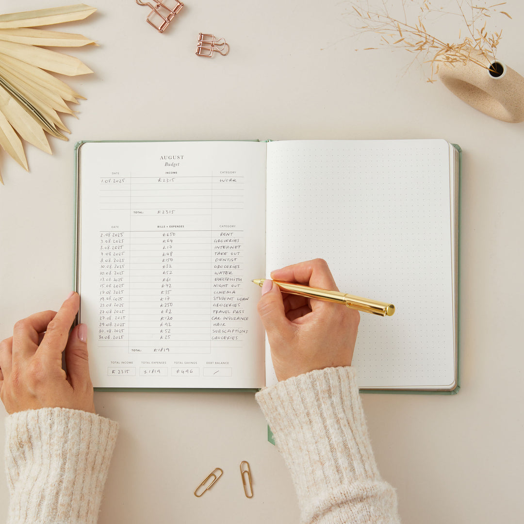 Elegant sage green vegan leather 2025 planner with gold details, providing weekly time-blocking, to-do lists, and monthly goal-setting and budgeting sections.