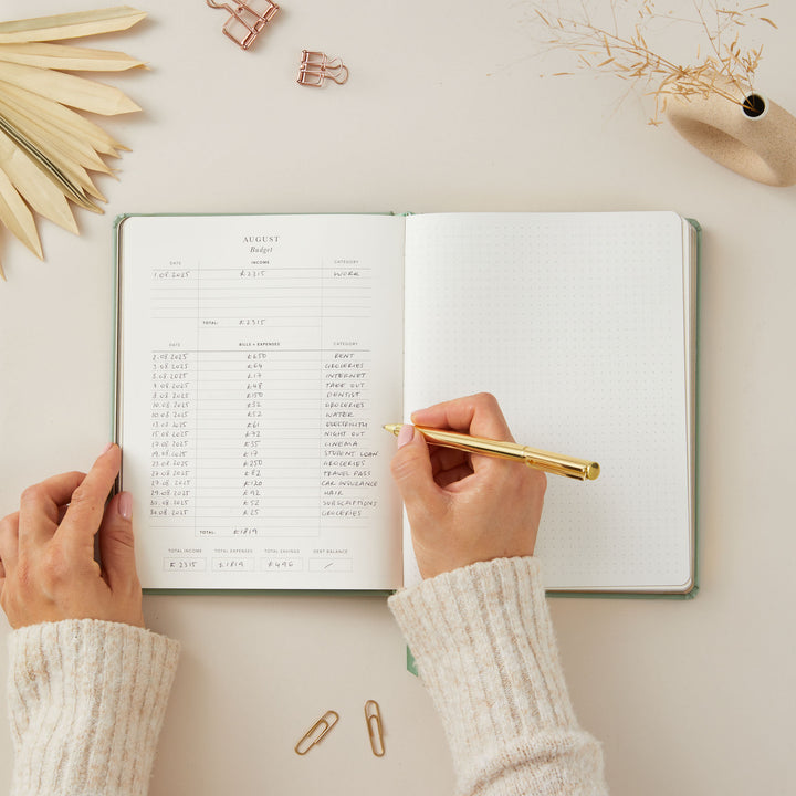 Elegant sage green vegan leather 2025 planner with gold details, providing weekly time-blocking, to-do lists, and monthly goal-setting and budgeting sections.