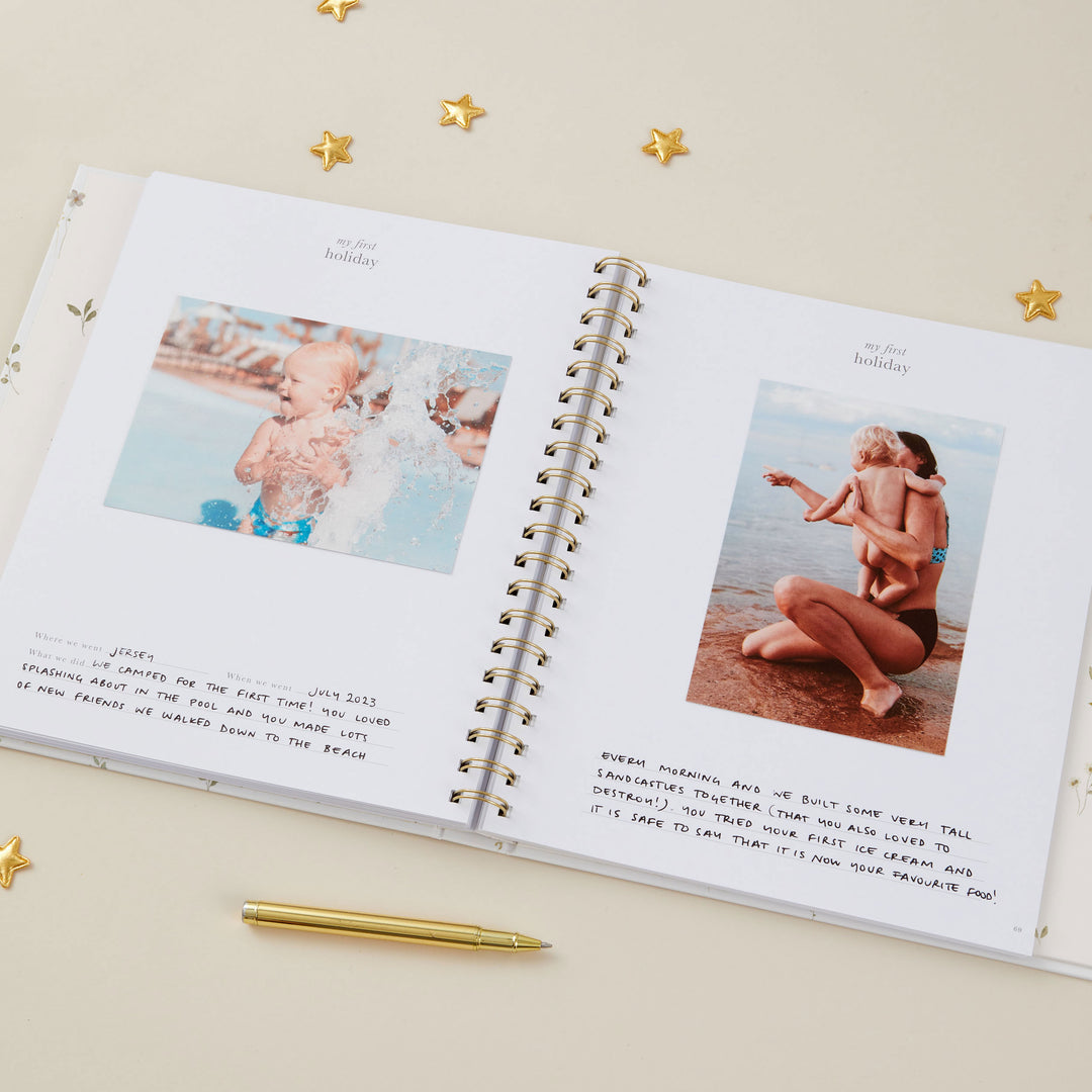 Floral baby memory journal with luxury cover and gold foil illustrations, suitable for boys and girls.