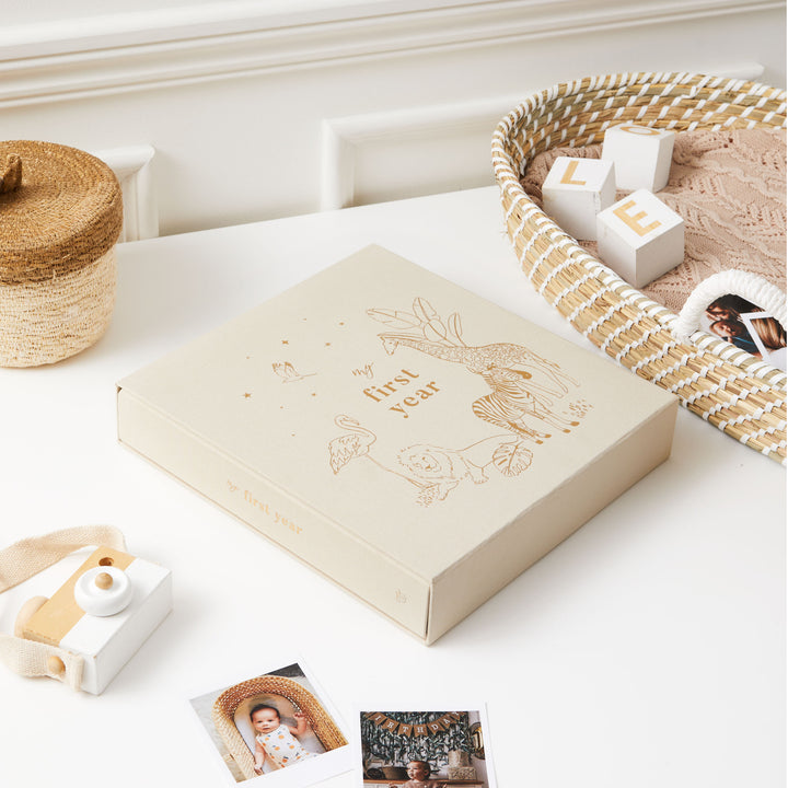 Baby photo album designed to capture the first year, perfect for preserving precious milestones and memories.