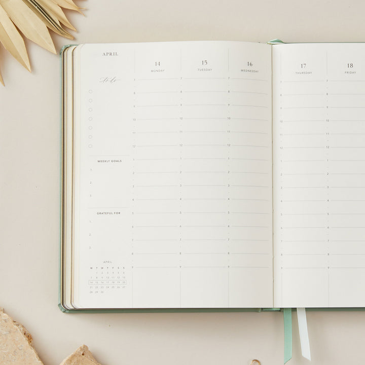 2025 planner designed with a vertical layout and equal space for each day, allowing for consistent daily organisation.