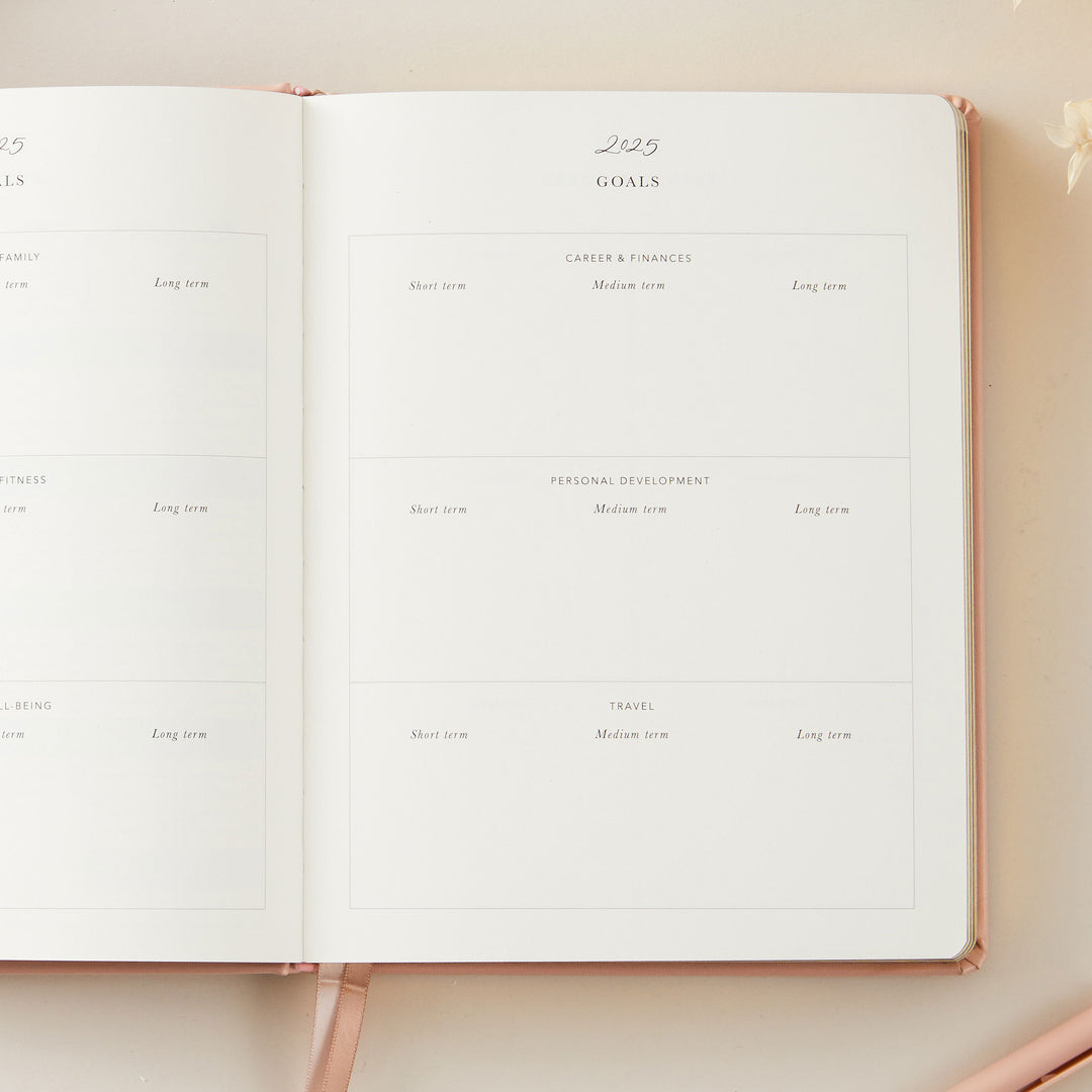 2025 planner in soft pink vegan leather with gold details, offering equal space for daily time-blocking, to-do lists, and sections for monthly goals and budget tracking.