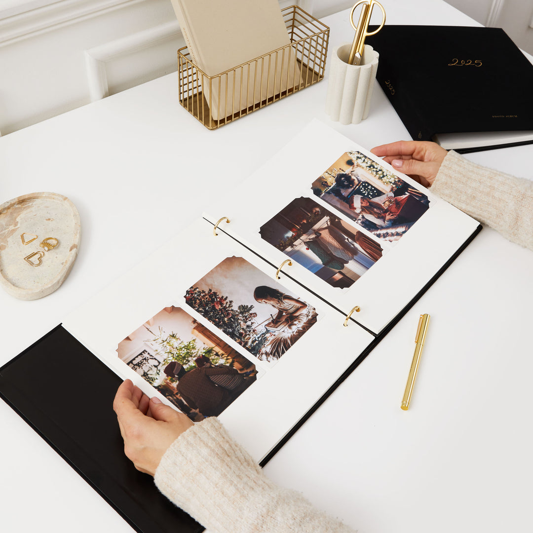 Elegant and gender-neutral 2025 photo album with gold details, a thoughtful Christmas present for memory keeping.