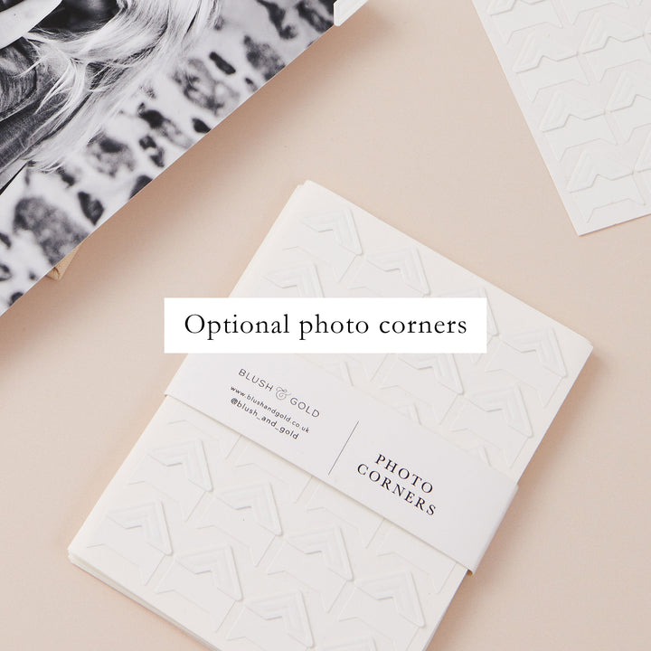 Elegant wedding photo album featuring a luxurious ivory cover, matching slipcase, and blank ivory pages for newlywed memories.
