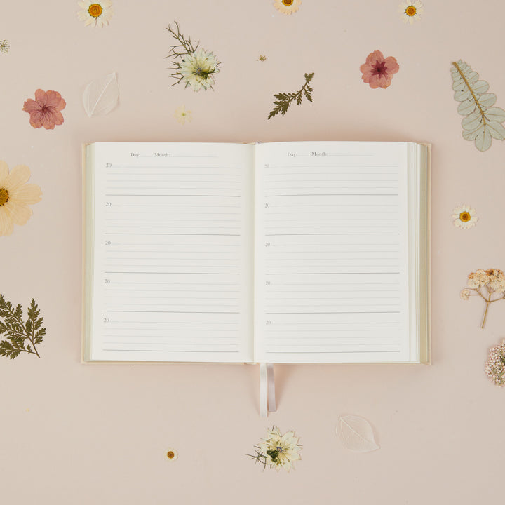 Interior layout of a wildflower mum journal showing five entries per page for the same calendar day