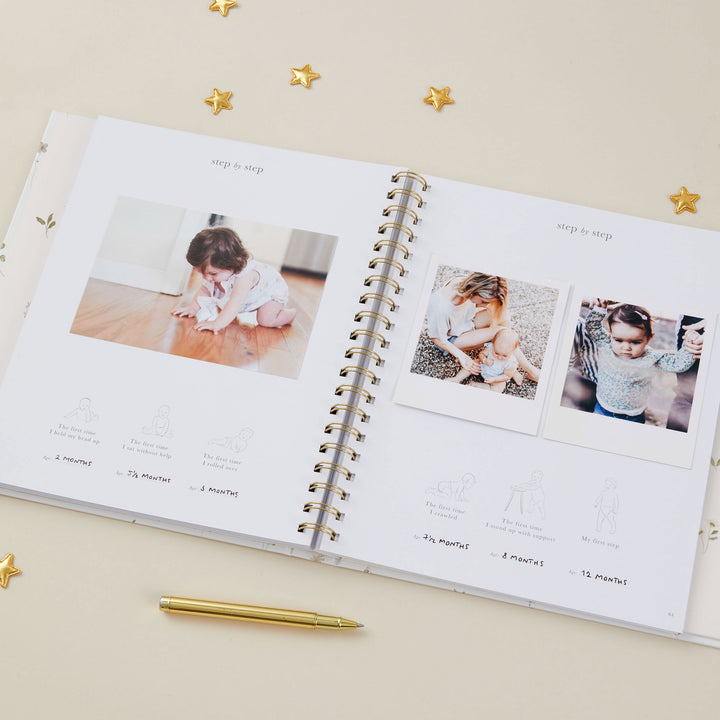 Floral baby keepsake book with gold foiling, designed to record memories from birth to 5 years.
