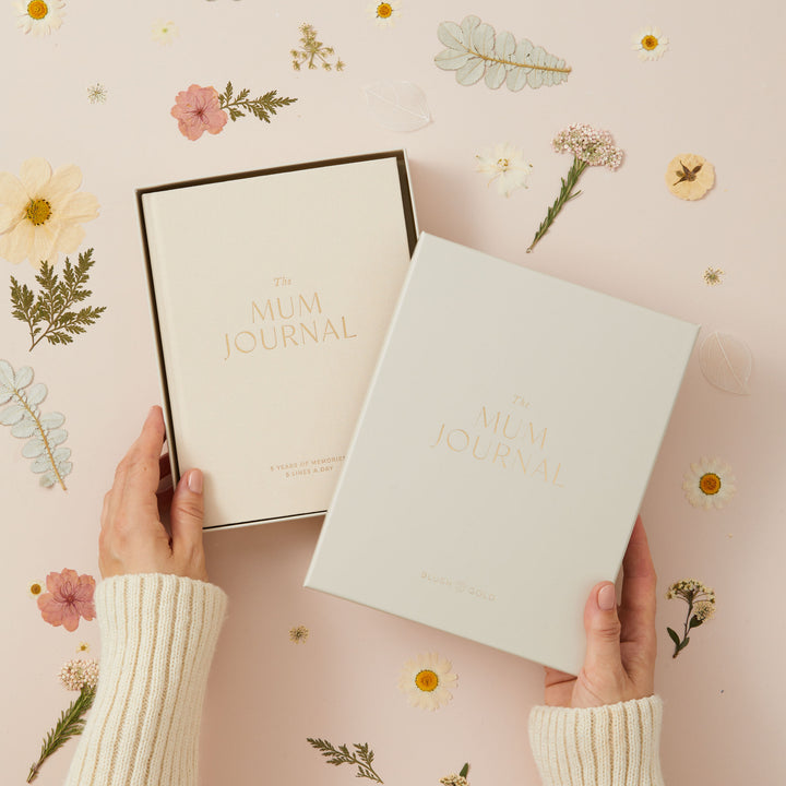 Ivory cloth mum journal with gold details, five year memory book for recording motherhood moments
