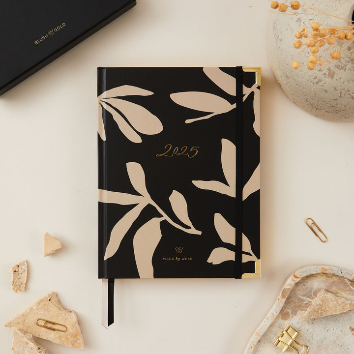 Stylish 2025 weekly planner with a minimalist floral design and gold foil cover, offering time-blocking layouts, to-do lists, notes, and monthly goal and budget sections.