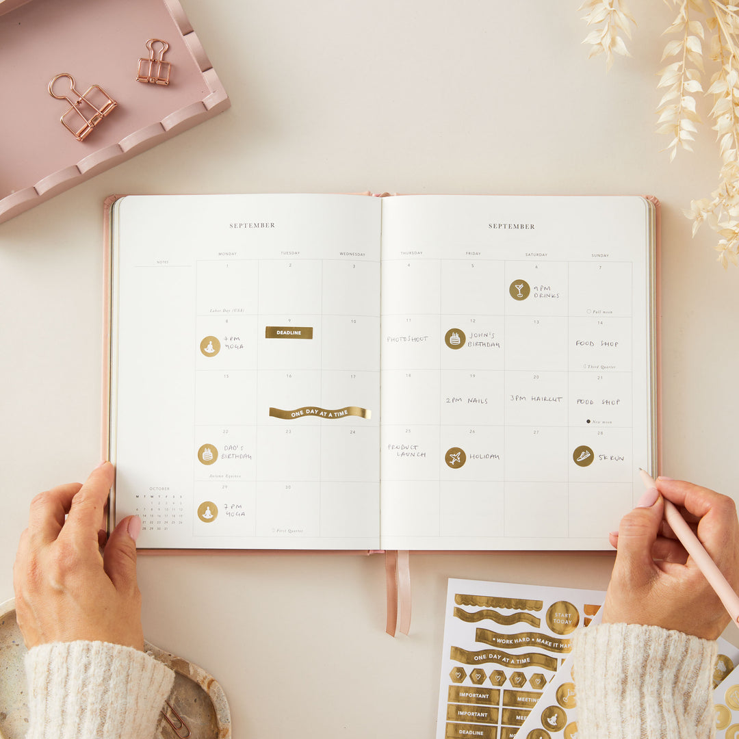 Soft pink vegan leather 2025 weekly planner with gold details, offering weekly time-blocking, equal space for each day, to-do lists, and sections for notes and monthly goals.