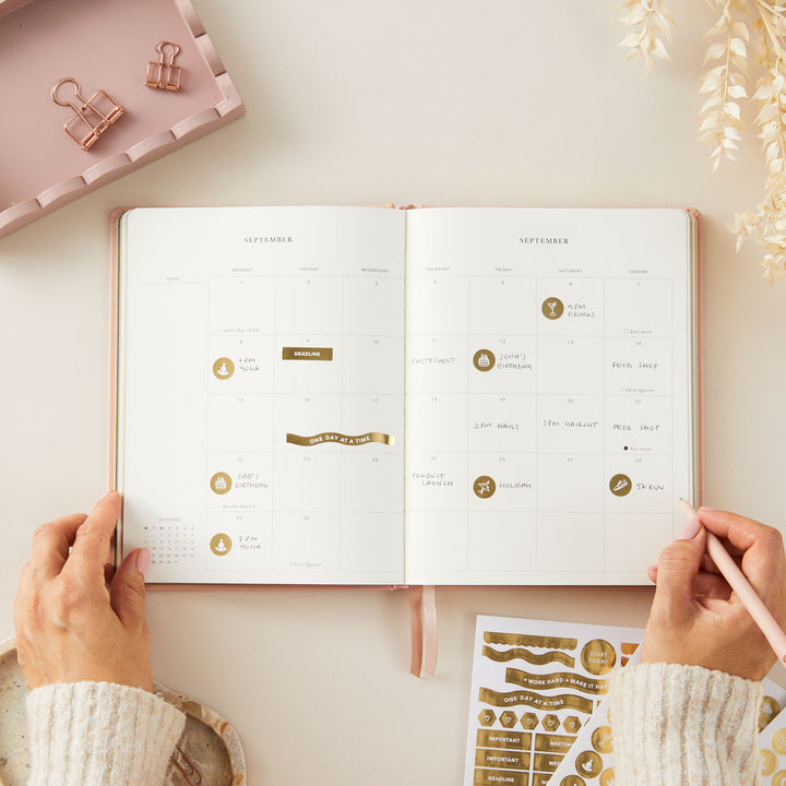 Soft pink vegan leather 2025 weekly planner with gold details, offering weekly time-blocking, equal space for each day, to-do lists, and sections for notes and monthly goals.
