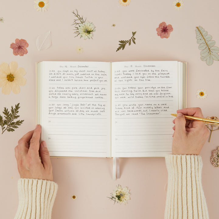 Inside pages of mum journal showing five entries per page for the same day across five years