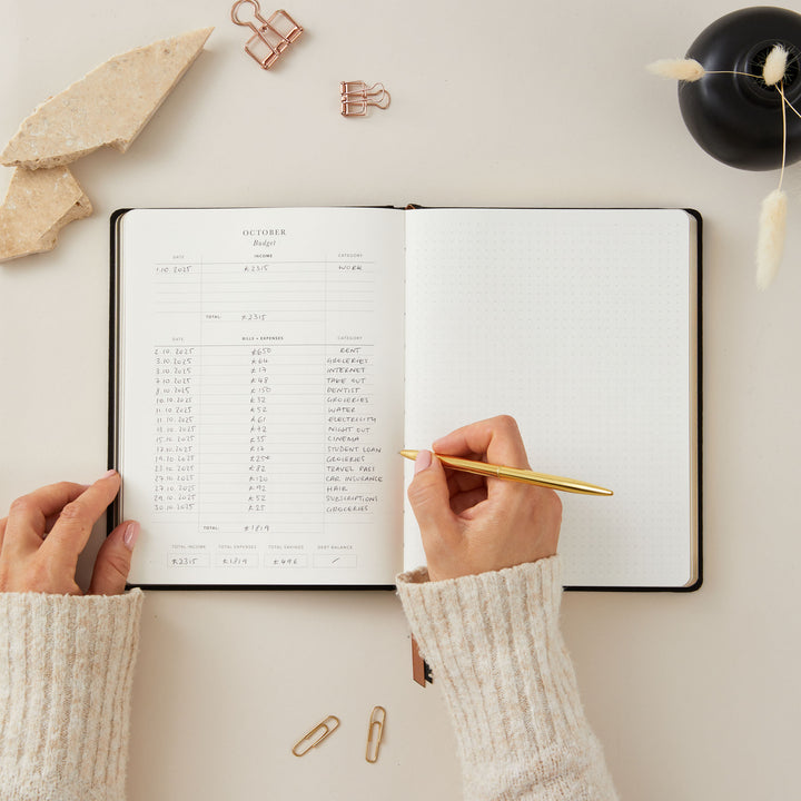 A 2025 weekly planner open to a spread, showcasing both weekly planning and budget planning pages with sections for tracking expenses and financial goals.