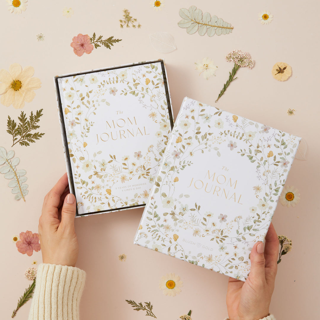Wildflower mom journal designed as a five year memory book with soft watercolor floral illustrations
