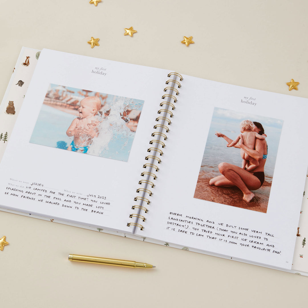Woodland baby milestone book to record memories from birth to 5 years.