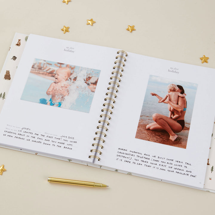 Woodland baby milestone book to record memories from birth to 5 years.