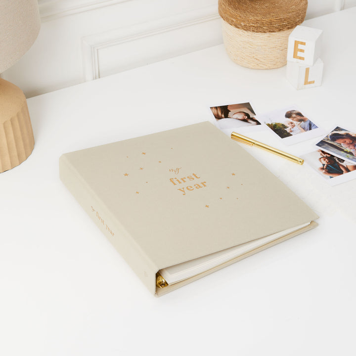 Blank baby photo album specially designed for documenting and cherishing first-year memories, perfect for new parents.