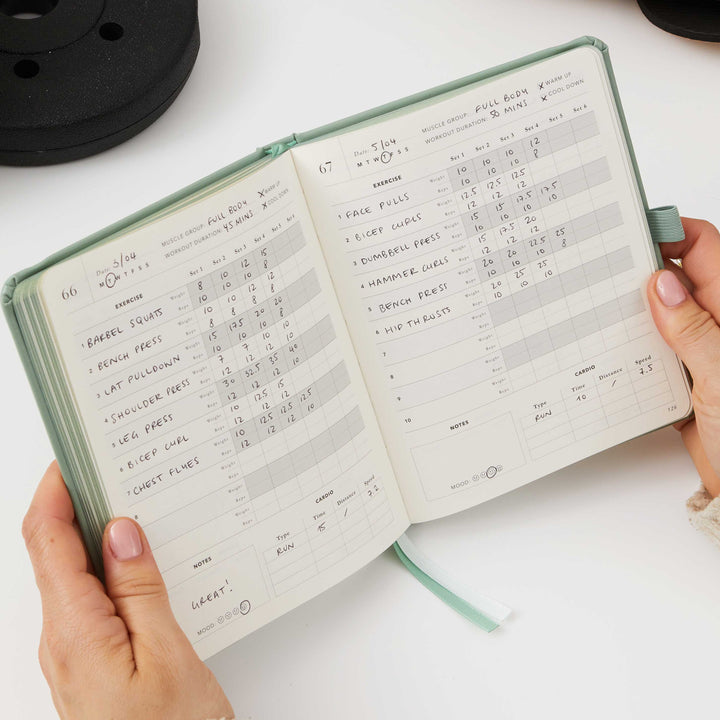 Soft green progress journal for monitoring weight loss progress