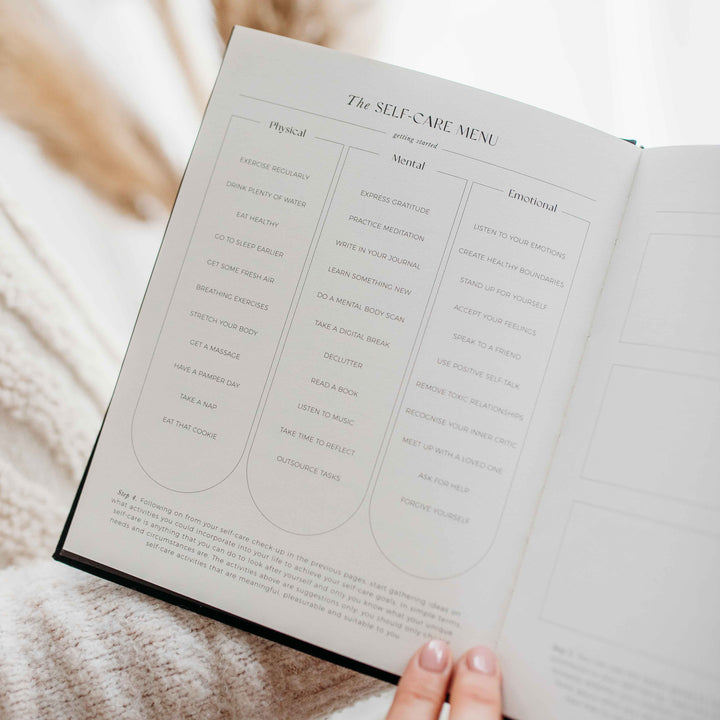 Self-care menu page with physical, mental and emotional ideas, such as "take a nap", "read a book" and "ask for help"