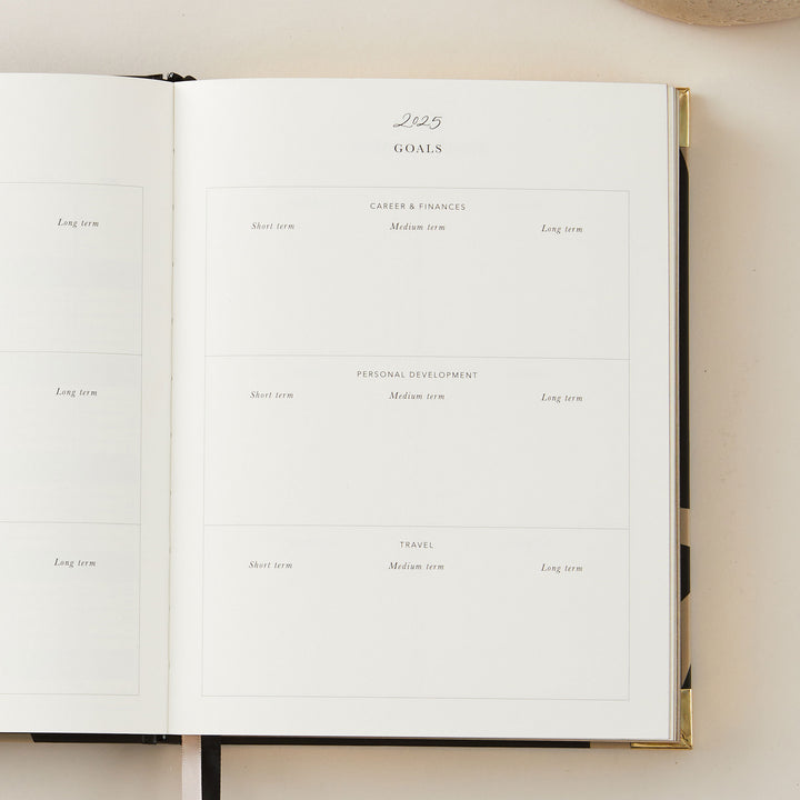 2025 weekly planner featuring dedicated pages for setting and tracking goals, ideal for personal and professional development.