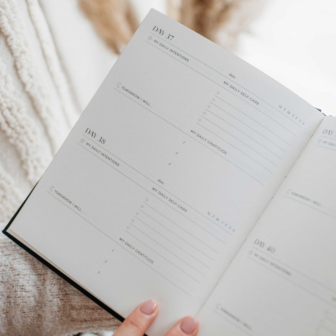 Blank undated journal pages with space for intentions, a self-care checklist, three gratitudes and tomorrow's plans