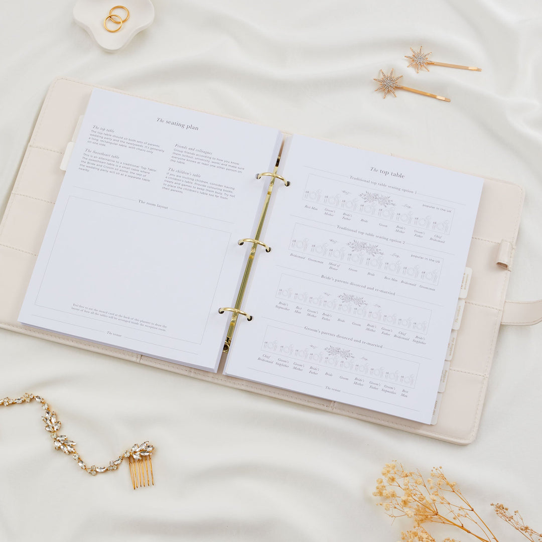 Open wedding planner binder showing a seating plan guidance page alongside top table layout diagram options including divorced and remarried parent arrangements