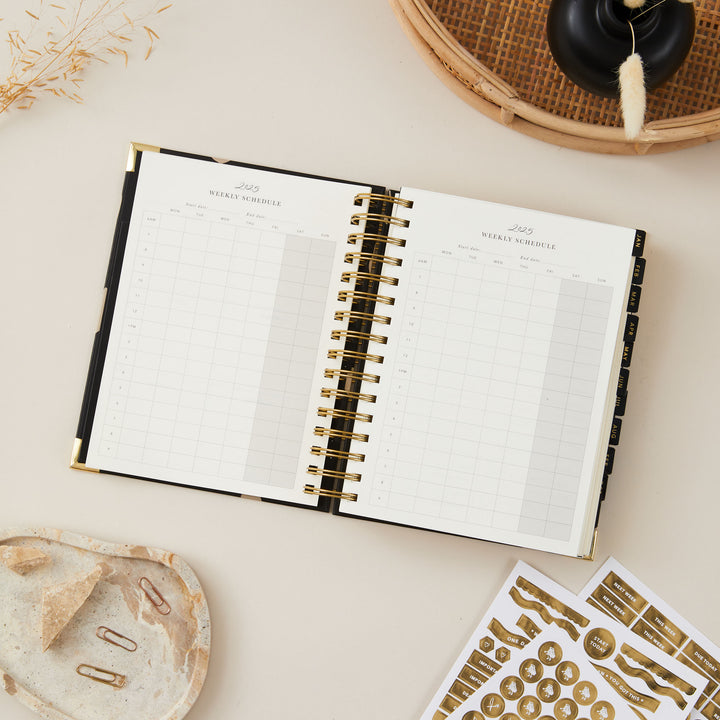 2025 daily diary featuring pages dedicated to the weekly schedule, offering lots of space for organising tasks and appointments throughout the week.