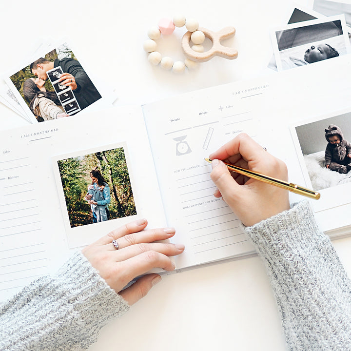 Eight-month-old baby journal entry page including areas for favorite activities and new skills