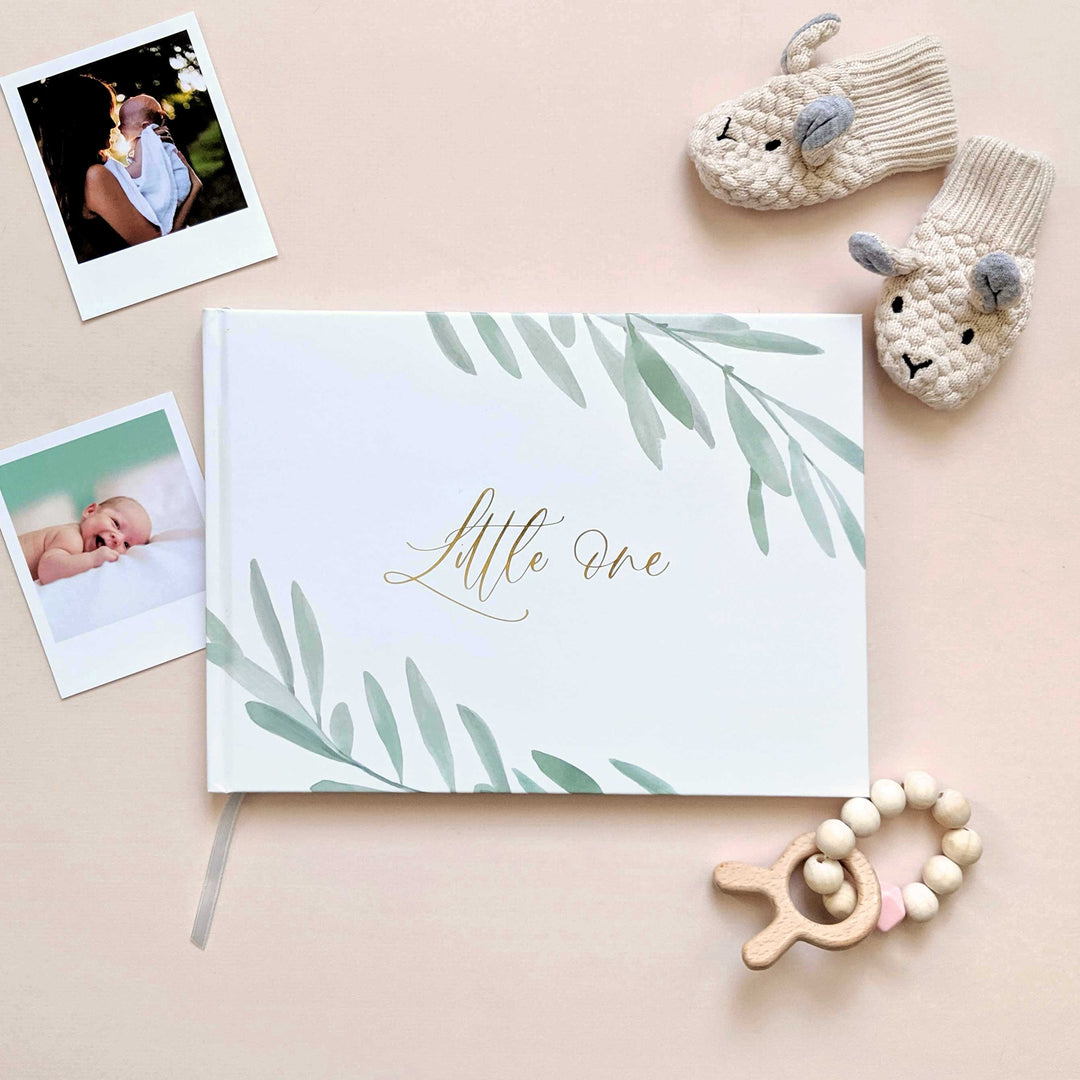 Baby memory book - Olive and Gold Foil with Gilded Edges