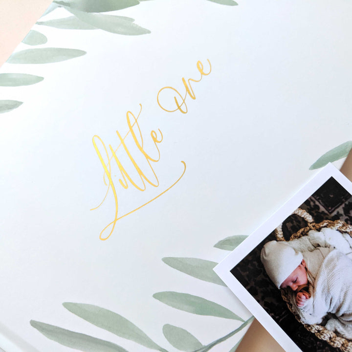 Baby memory book - Olive and Gold Foil with Gilded Edges