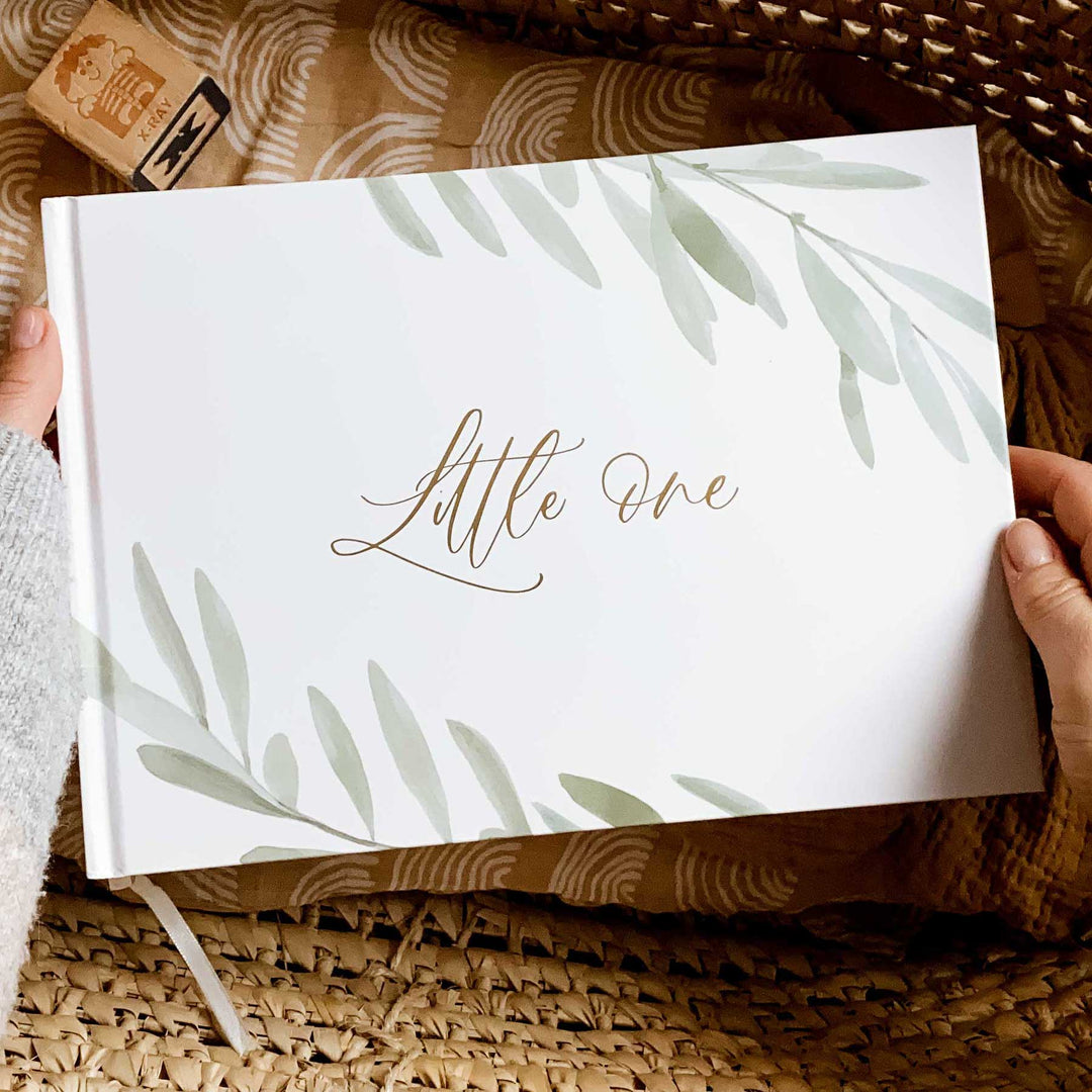 Baby memory book - Olive and Gold Foil with Gilded Edges