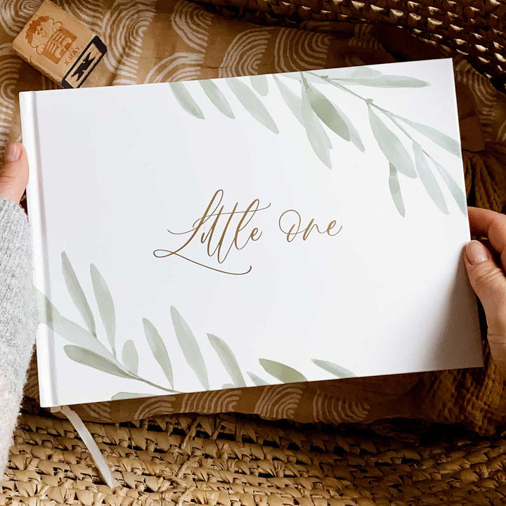 Baby memory book - Olive and Gold Foil with Gilded Edges