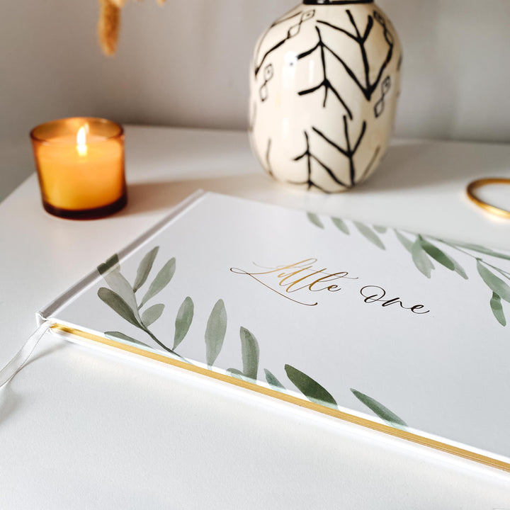 Baby memory book - Olive and Gold Foil with Gilded Edges